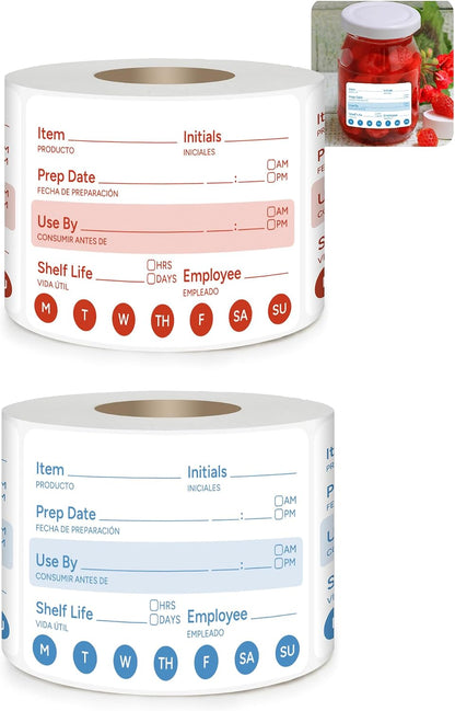 2 Rolls 1000 Pcs 1 X 2 inch Removable Food Date Sticker Labels, Easy to Write for Freezer, Refrigerator Food Containers Date Sticker, Leftover Labels (Blue-Red-US)
