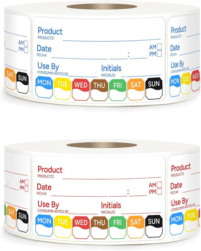 2 Rolls 1000 Pcs 1 X 2 inch Removable Food Date Sticker Labels, Easy to Write for Freezer, Refrigerator Food Containers Date Sticker, Leftover Labels (Blue-Red-US)