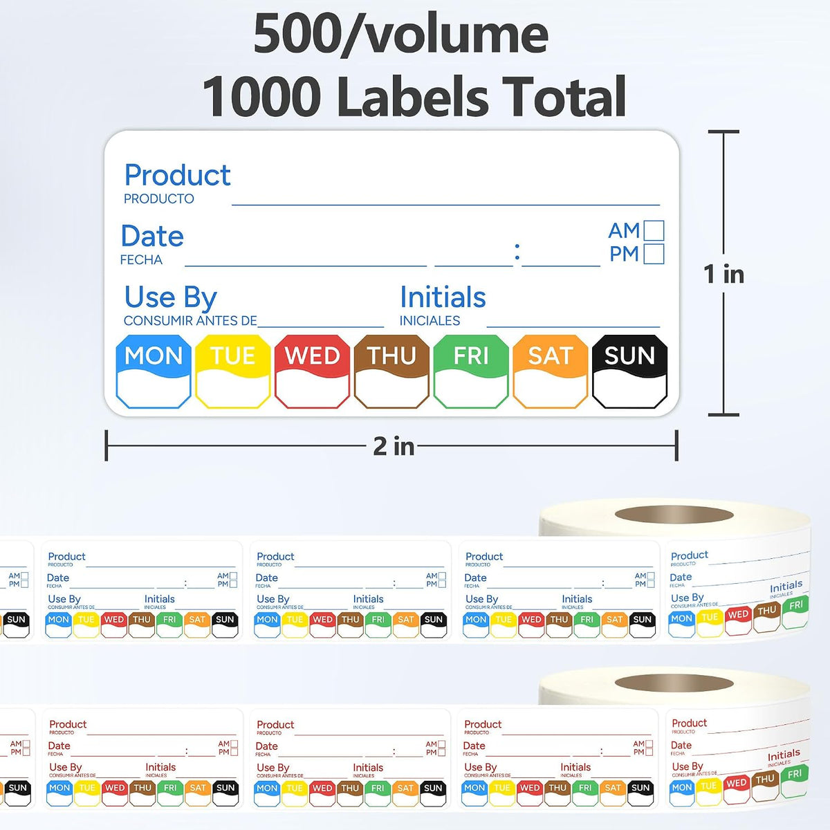 2 Rolls 1000 Pcs 1 X 2 inch Removable Food Date Sticker Labels, Easy to Write for Freezer, Refrigerator Food Containers Date Sticker, Leftover Labels (Blue-Red-US)