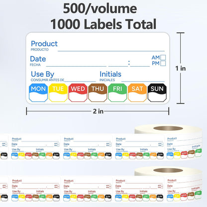 2 Rolls 1000 Pcs 1 X 2 inch Removable Food Date Sticker Labels, Easy to Write for Freezer, Refrigerator Food Containers Date Sticker, Leftover Labels (Blue-Red-US)