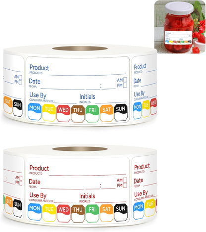 2 Rolls 1000 Pcs 1 X 2 inch Removable Food Date Sticker Labels, Easy to Write for Freezer, Refrigerator Food Containers Date Sticker, Leftover Labels (Blue-Red-US)
