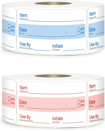 2 Rolls 1000 Pcs 1 X 2 inch Removable Food Date Sticker Labels, Easy to Write for Freezer, Refrigerator Food Containers Date Sticker, Leftover Labels (Blue-Red-US)