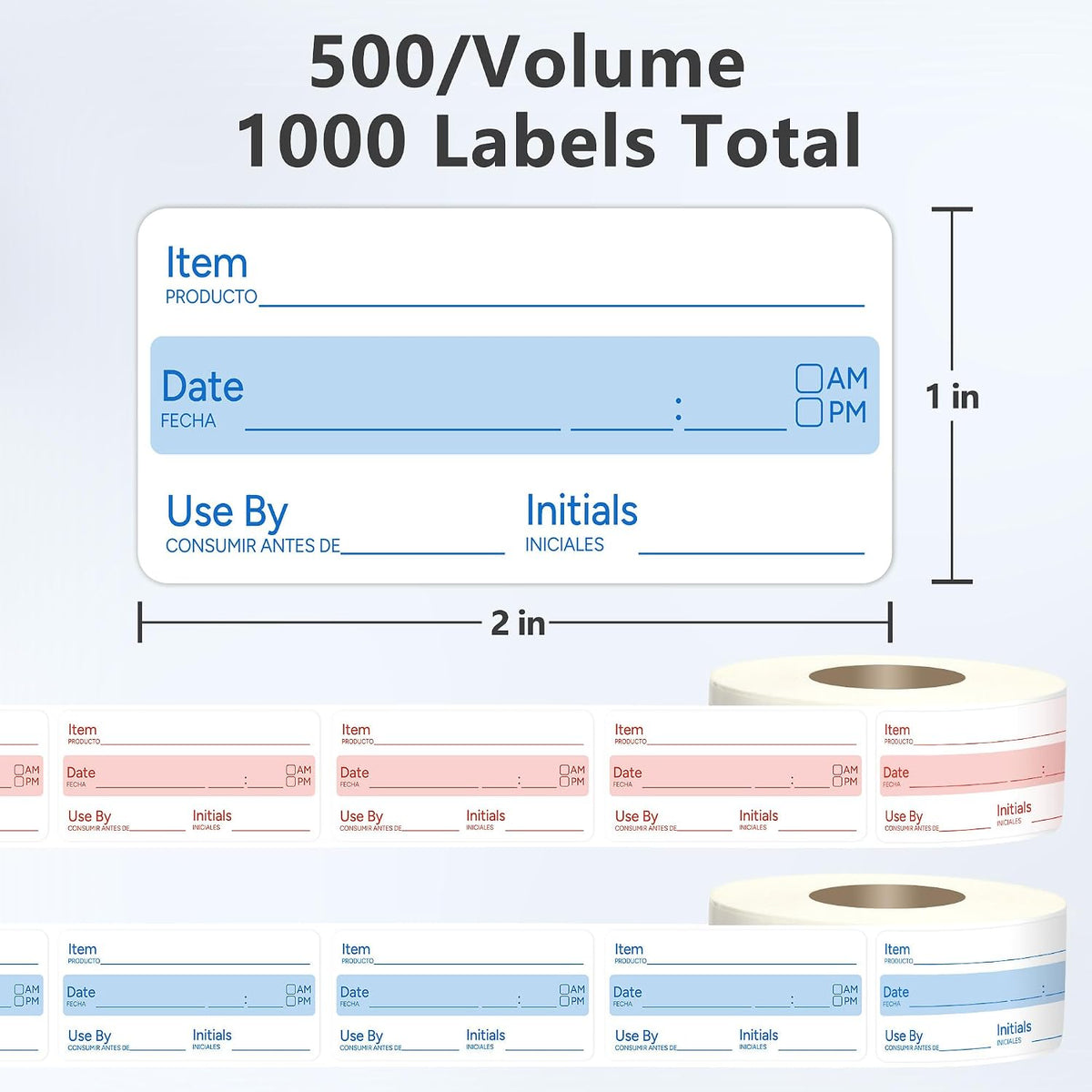 2 Rolls 1000 Pcs 1 X 2 inch Removable Food Date Sticker Labels, Easy to Write for Freezer, Refrigerator Food Containers Date Sticker, Leftover Labels (Blue-Red-US)