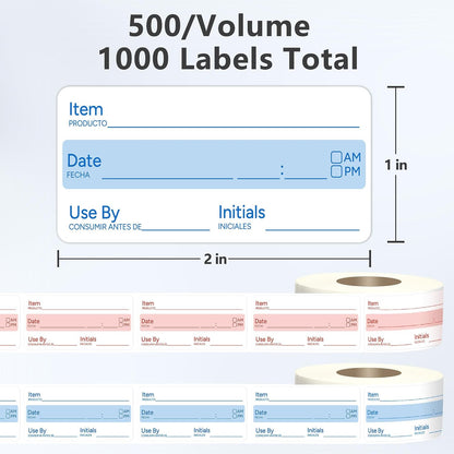 2 Rolls 1000 Pcs 1 X 2 inch Removable Food Date Sticker Labels, Easy to Write for Freezer, Refrigerator Food Containers Date Sticker, Leftover Labels (Blue-Red-US)
