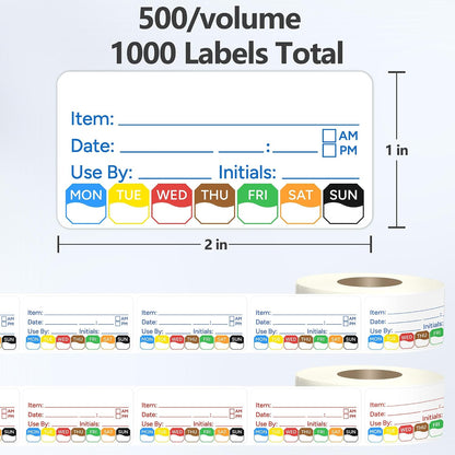 2 Rolls 1000 Pcs 1 X 2 inch Removable Food Date Sticker Labels, Easy to Write for Freezer, Refrigerator Food Containers Date Sticker, Leftover Labels (Blue-Red-US)