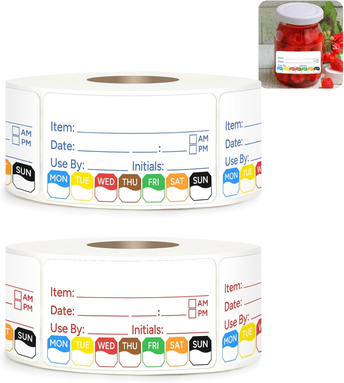 2 Rolls 1000 Pcs 1 X 2 inch Removable Food Date Sticker Labels, Easy to Write for Freezer, Refrigerator Food Containers Date Sticker, Leftover Labels (Blue-Red-US)