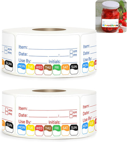 2 Rolls 1000 Pcs 1 X 2 inch Removable Food Date Sticker Labels, Easy to Write for Freezer, Refrigerator Food Containers Date Sticker, Leftover Labels (Blue-Red-US)