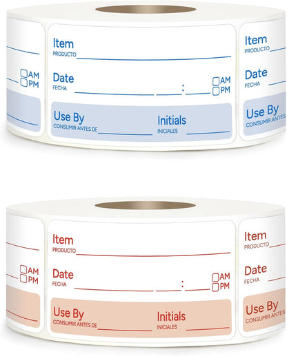 2 Rolls 1000 Pcs 1 X 2 inch Removable Food Date Sticker Labels, Easy to Write for Freezer, Refrigerator Food Containers Date Sticker, Leftover Labels (Blue-Red-US)