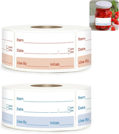 2 Rolls 1000 Pcs 1 X 2 inch Removable Food Date Sticker Labels, Easy to Write for Freezer, Refrigerator Food Containers Date Sticker, Leftover Labels (Blue-Red-US)