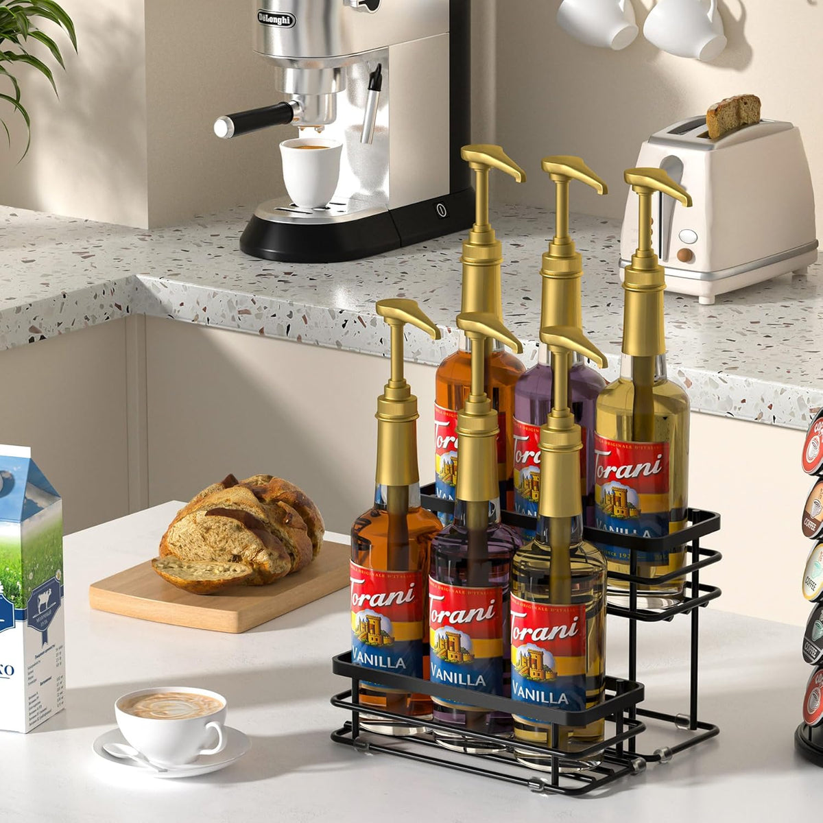 Coffee Syrup Rack Organizer, Syrup Bottle Holder Stand for Coffee Bar, 2-Tier 6 Bottles Storage Shelves for Syrup, Wine, Dressing for Kitchen Countertop (6 Bottles Black)