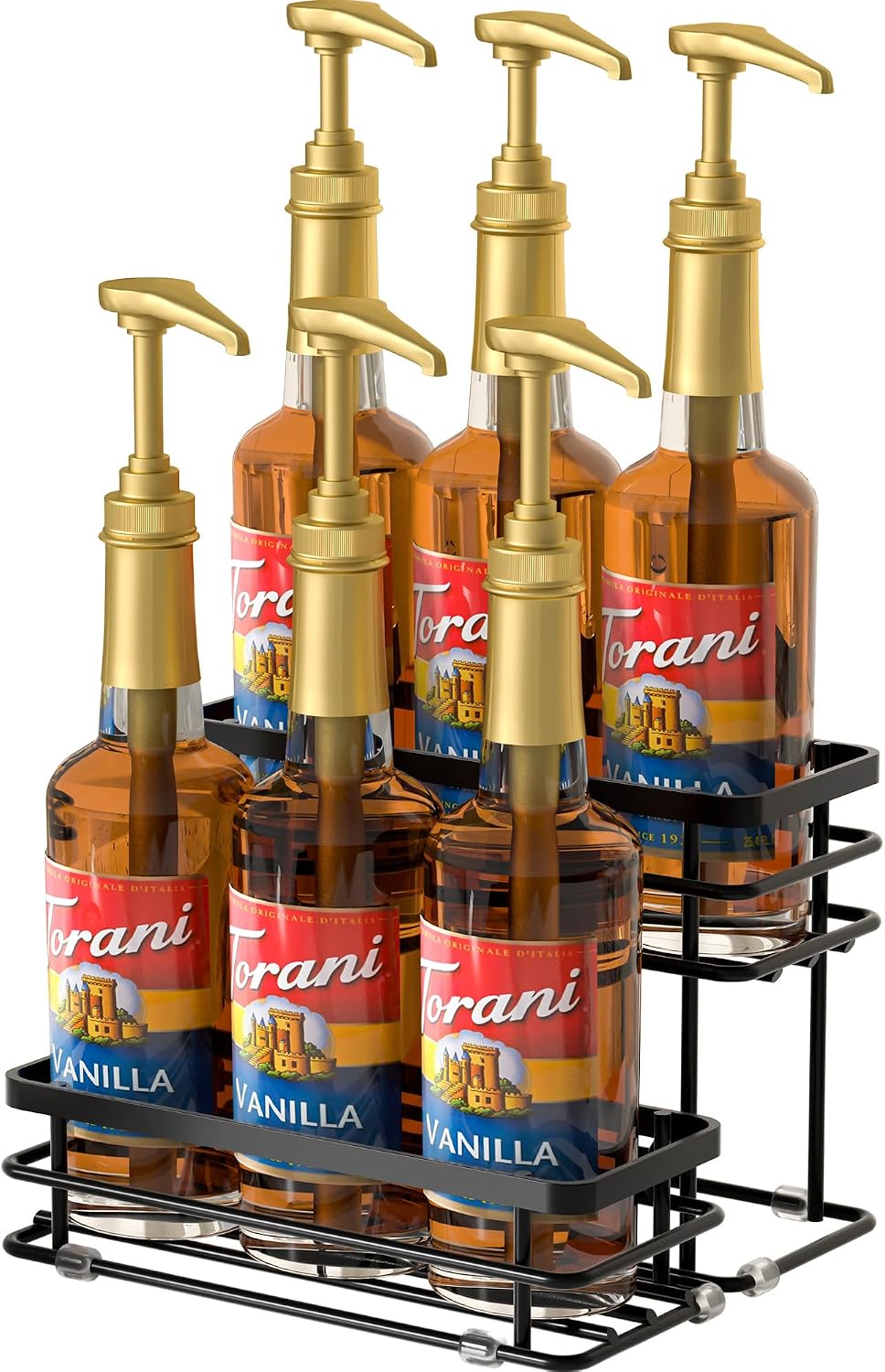 Coffee Syrup Rack Organizer, Syrup Bottle Holder Stand for Coffee Bar, 2-Tier 6 Bottles Storage Shelves for Syrup, Wine, Dressing for Kitchen Countertop (6 Bottles Black)
