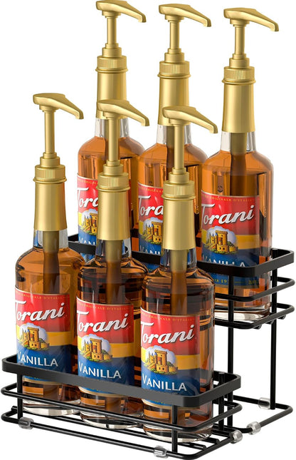 Coffee Syrup Rack Organizer, Syrup Bottle Holder Stand for Coffee Bar, 2-Tier 6 Bottles Storage Shelves for Syrup, Wine, Dressing for Kitchen Countertop (6 Bottles Black)