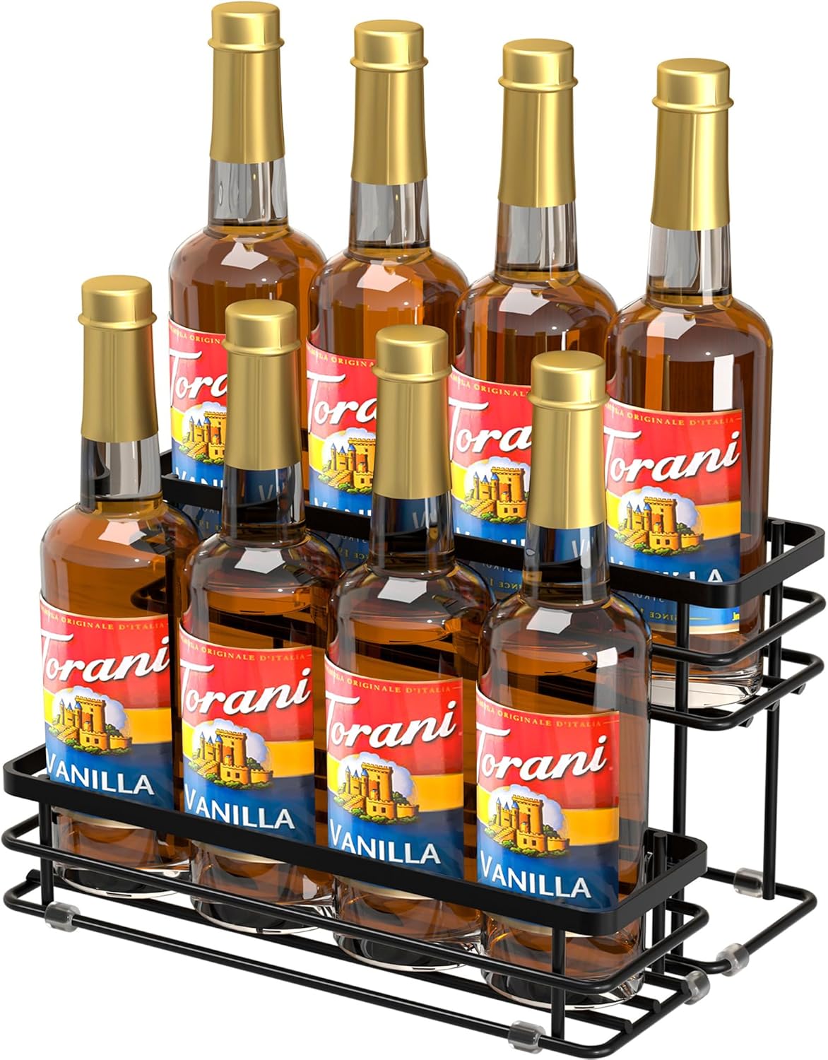 Coffee Syrup Rack Organizer, Syrup Bottle Holder Stand for Coffee Bar, 2-Tier 6 Bottles Storage Shelves for Syrup, Wine, Dressing for Kitchen Countertop (6 Bottles Black)
