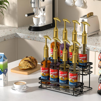 Coffee Syrup Rack Organizer, Syrup Bottle Holder Stand for Coffee Bar, 2-Tier 6 Bottles Storage Shelves for Syrup, Wine, Dressing for Kitchen Countertop (6 Bottles Black)