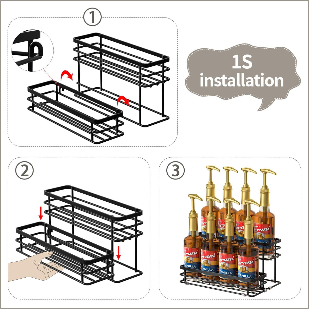 Coffee Syrup Rack Organizer, Syrup Bottle Holder Stand for Coffee Bar, 2-Tier 6 Bottles Storage Shelves for Syrup, Wine, Dressing for Kitchen Countertop (6 Bottles Black)