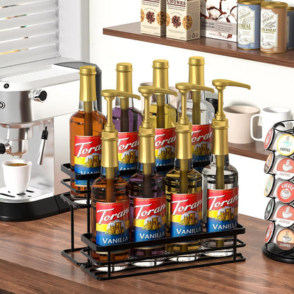 Coffee Syrup Rack Organizer, Syrup Bottle Holder Stand for Coffee Bar, 2-Tier 6 Bottles Storage Shelves for Syrup, Wine, Dressing for Kitchen Countertop (6 Bottles Black)