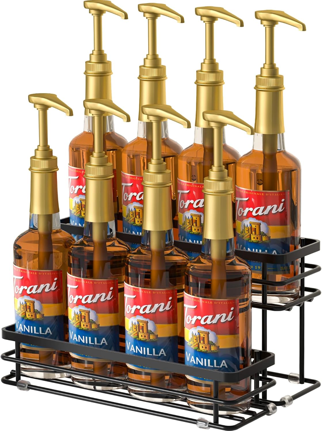 Coffee Syrup Rack Organizer, Syrup Bottle Holder Stand for Coffee Bar, 2-Tier 6 Bottles Storage Shelves for Syrup, Wine, Dressing for Kitchen Countertop (6 Bottles Black)