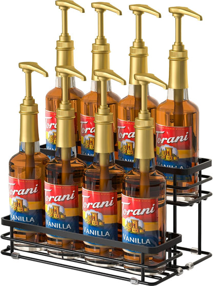 Coffee Syrup Rack Organizer, Syrup Bottle Holder Stand for Coffee Bar, 2-Tier 6 Bottles Storage Shelves for Syrup, Wine, Dressing for Kitchen Countertop (6 Bottles Black)