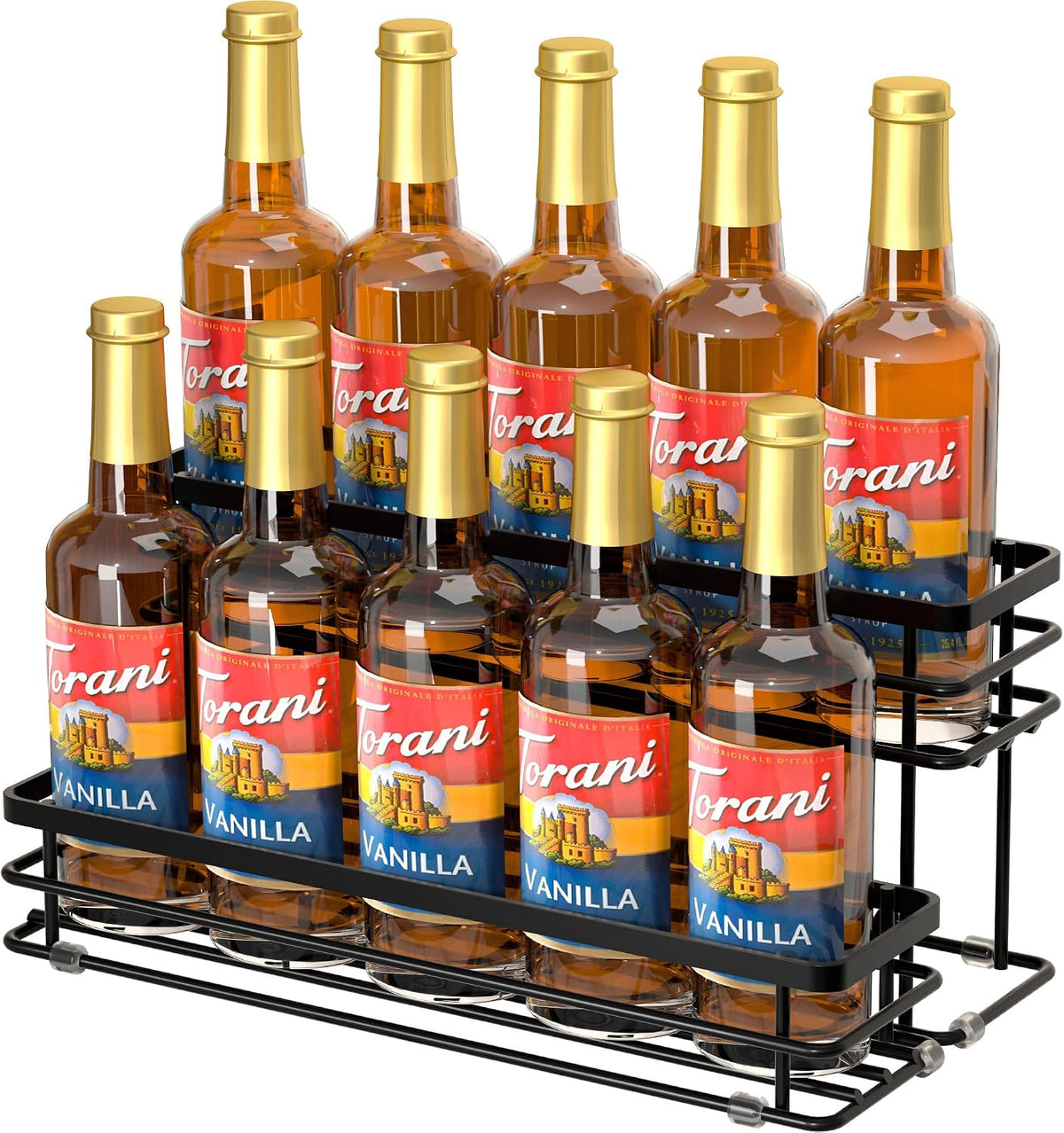 Coffee Syrup Rack Organizer, Syrup Bottle Holder Stand for Coffee Bar, 2-Tier 6 Bottles Storage Shelves for Syrup, Wine, Dressing for Kitchen Countertop (6 Bottles Black)