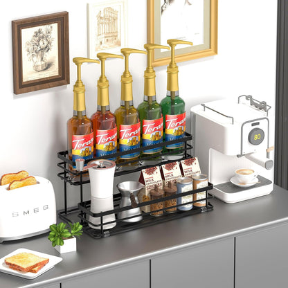 Coffee Syrup Rack Organizer, Syrup Bottle Holder Stand for Coffee Bar, 2-Tier 6 Bottles Storage Shelves for Syrup, Wine, Dressing for Kitchen Countertop (6 Bottles Black)