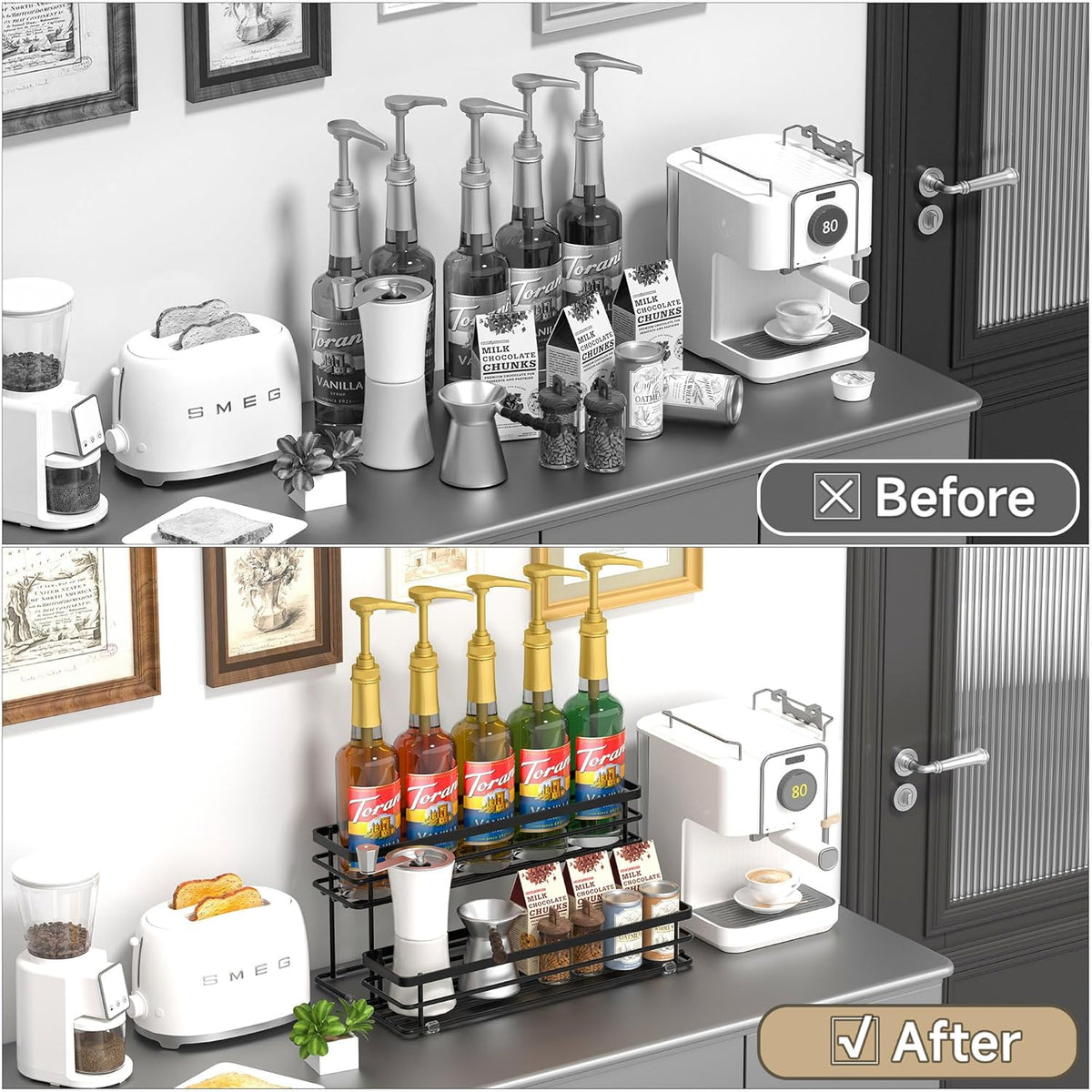 Coffee Syrup Rack Organizer, Syrup Bottle Holder Stand for Coffee Bar, 2-Tier 6 Bottles Storage Shelves for Syrup, Wine, Dressing for Kitchen Countertop (6 Bottles Black)