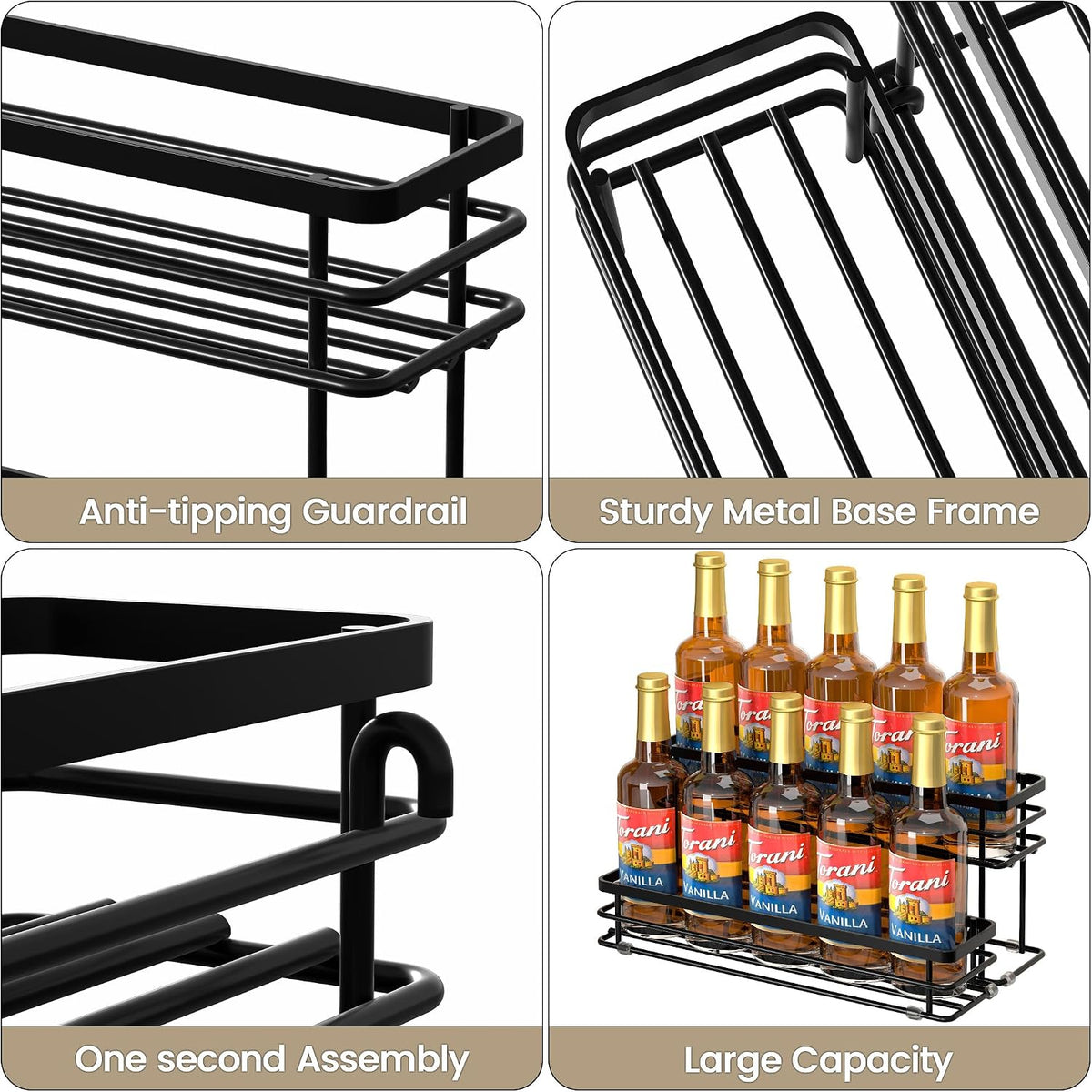 Coffee Syrup Rack Organizer, Syrup Bottle Holder Stand for Coffee Bar, 2-Tier 6 Bottles Storage Shelves for Syrup, Wine, Dressing for Kitchen Countertop (6 Bottles Black)