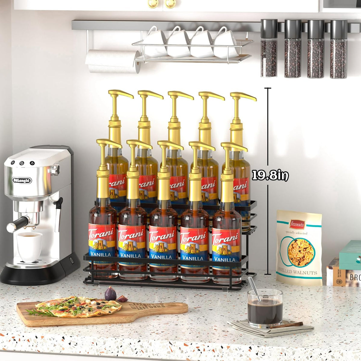 Coffee Syrup Rack Organizer, Syrup Bottle Holder Stand for Coffee Bar, 2-Tier 6 Bottles Storage Shelves for Syrup, Wine, Dressing for Kitchen Countertop (6 Bottles Black)