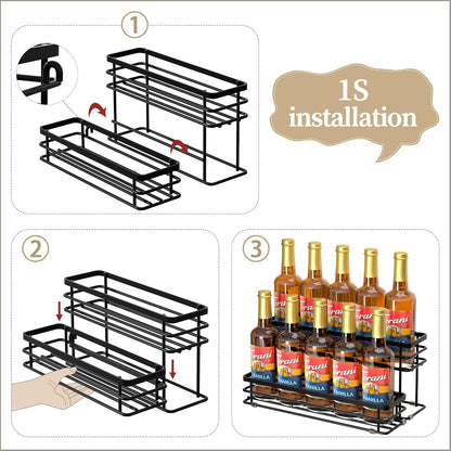 Coffee Syrup Rack Organizer, Syrup Bottle Holder Stand for Coffee Bar, 2-Tier 6 Bottles Storage Shelves for Syrup, Wine, Dressing for Kitchen Countertop (6 Bottles Black)