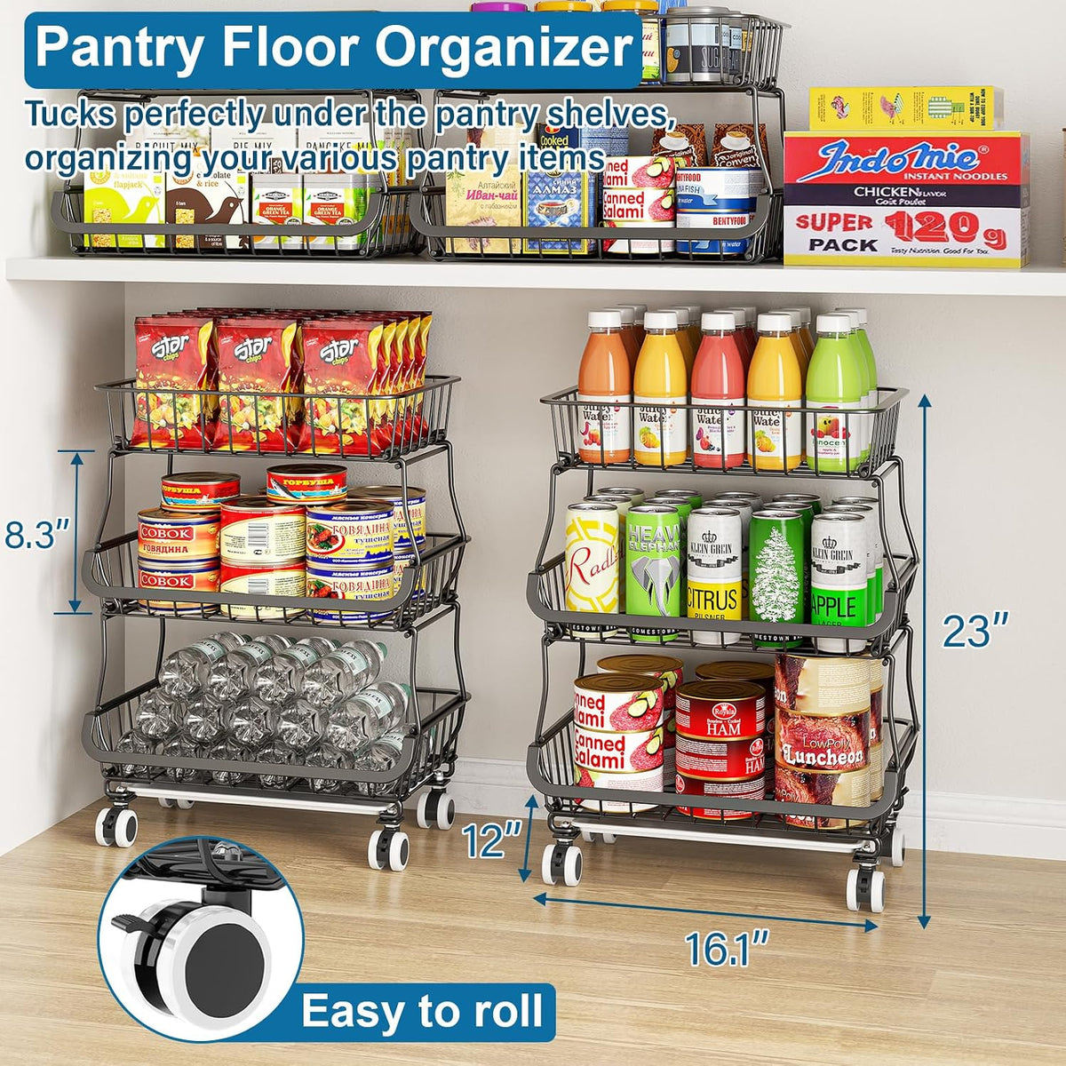 3-Tier Rolling Pantry Floor Organizers and Storage Cart with Wheels