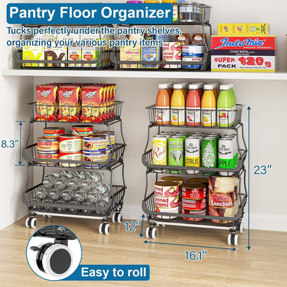 3-Tier Rolling Pantry Floor Organizers and Storage Cart with Wheels