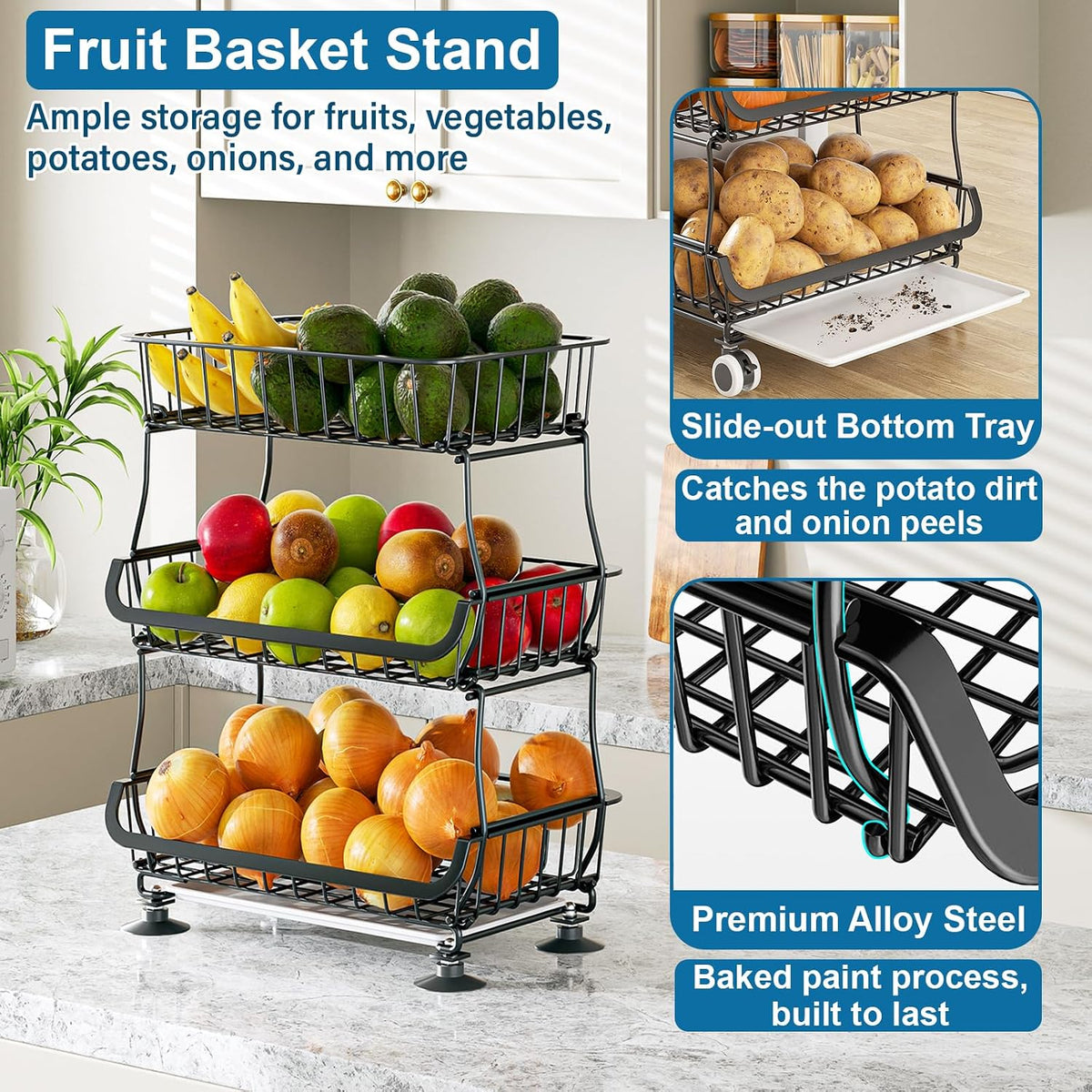 3-Tier Rolling Pantry Floor Organizers and Storage Cart with Wheels