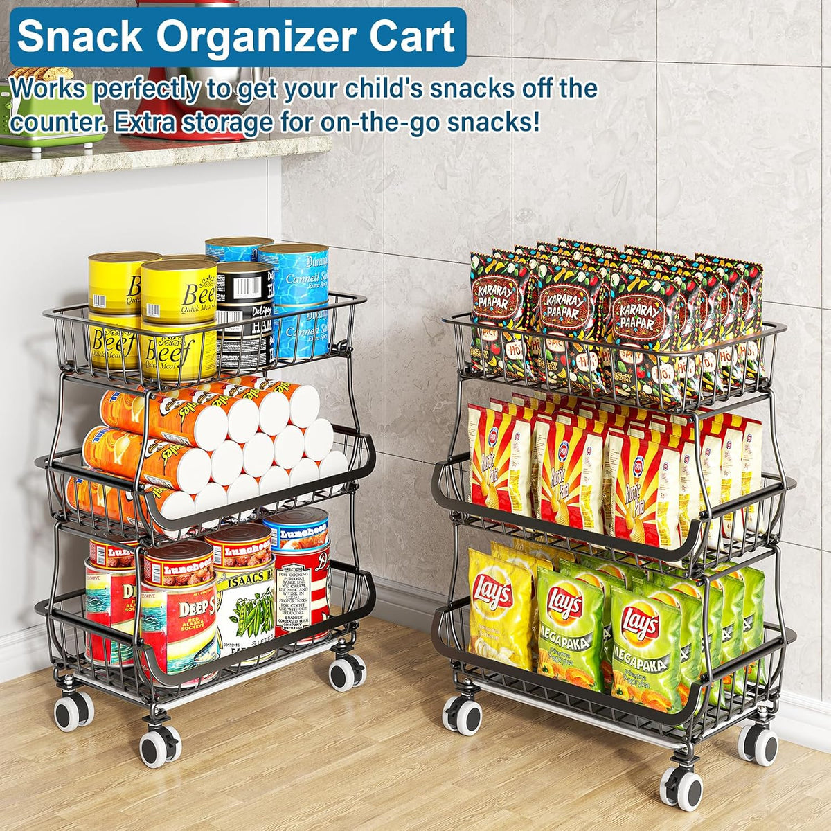 3-Tier Rolling Pantry Floor Organizers and Storage Cart with Wheels