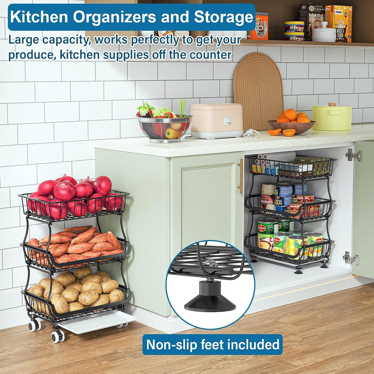 3-Tier Rolling Pantry Floor Organizers and Storage Cart with Wheels