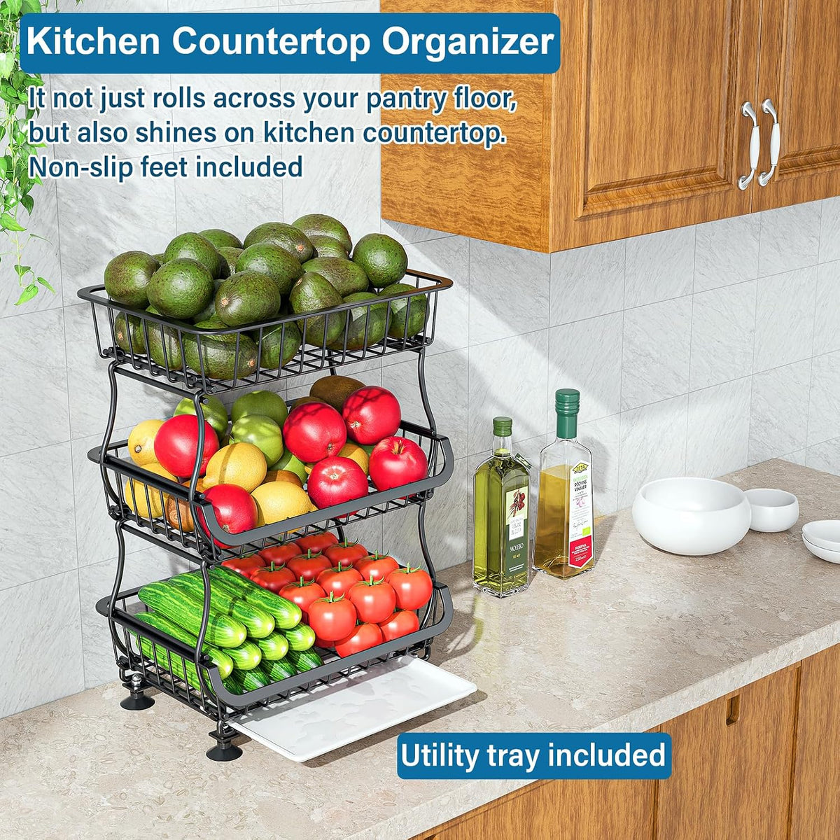 3-Tier Rolling Pantry Floor Organizers and Storage Cart with Wheels