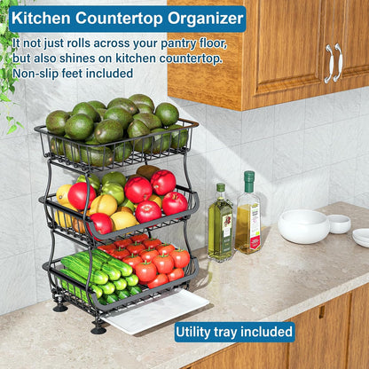 3-Tier Rolling Pantry Floor Organizers and Storage Cart with Wheels