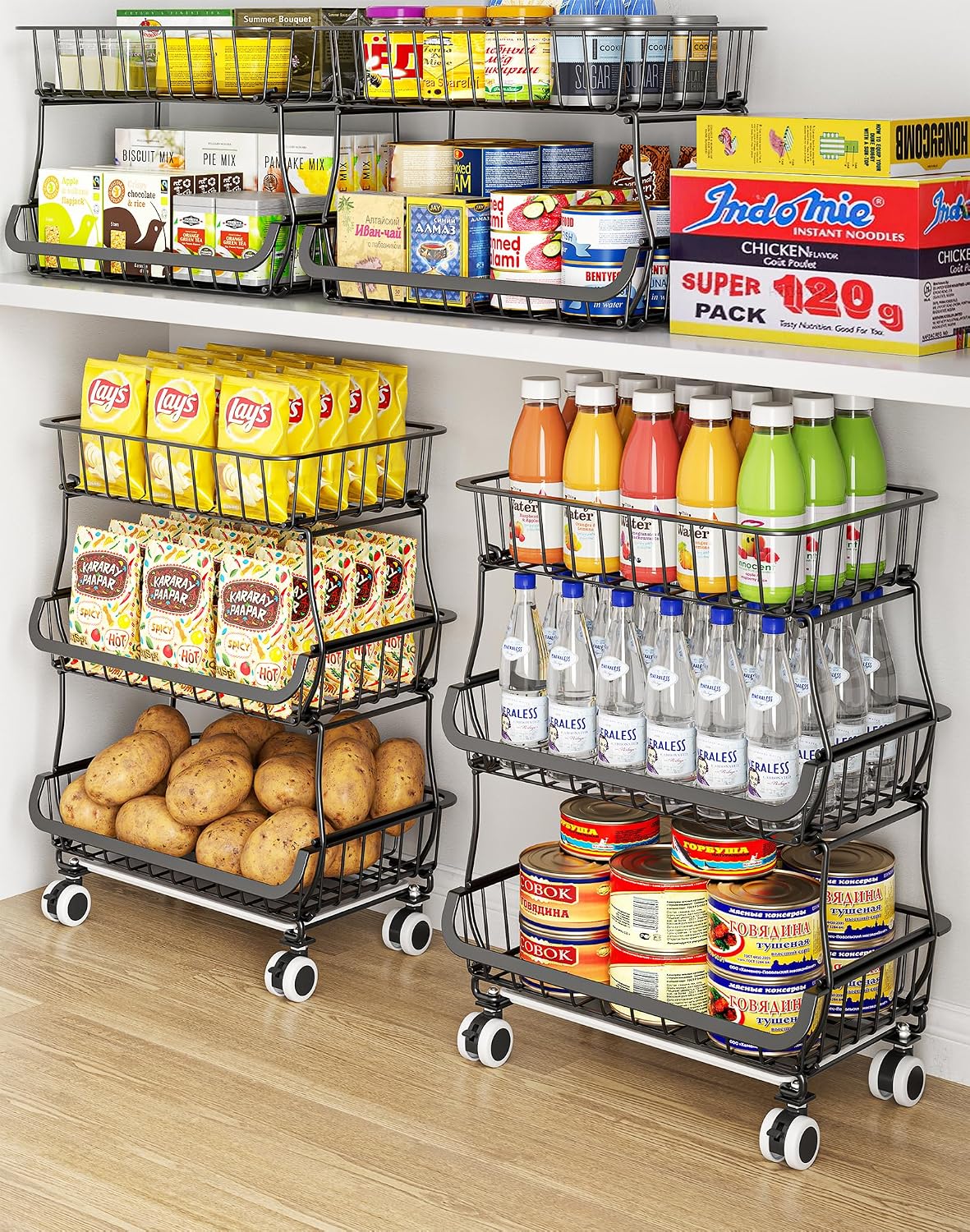 3-Tier Rolling Pantry Floor Organizers and Storage Cart with Wheels