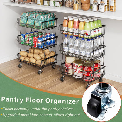 3-Tier Rolling Pantry Floor Organizers and Storage Cart with Wheels