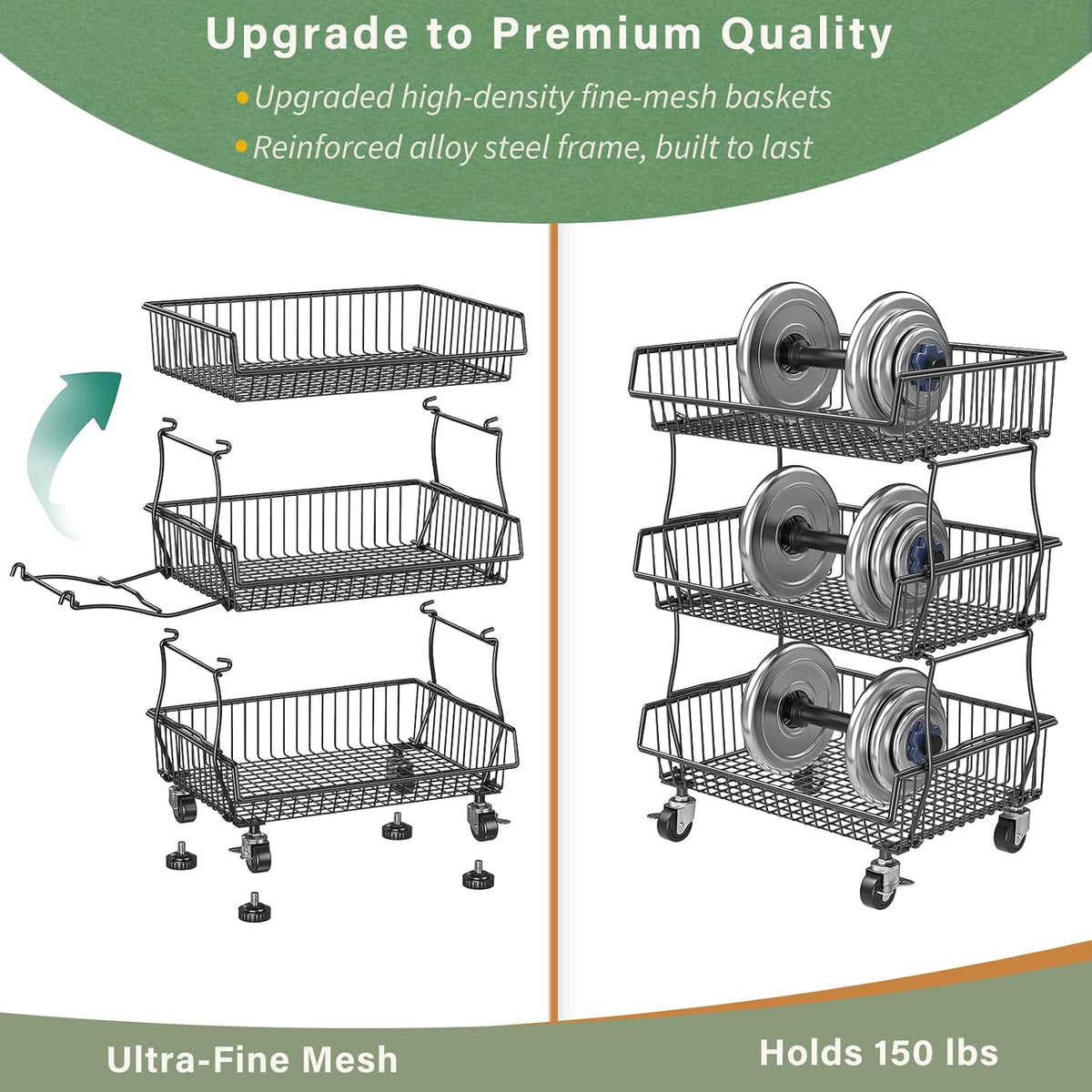 3-Tier Rolling Pantry Floor Organizers and Storage Cart with Wheels