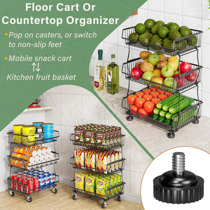 3-Tier Rolling Pantry Floor Organizers and Storage Cart with Wheels