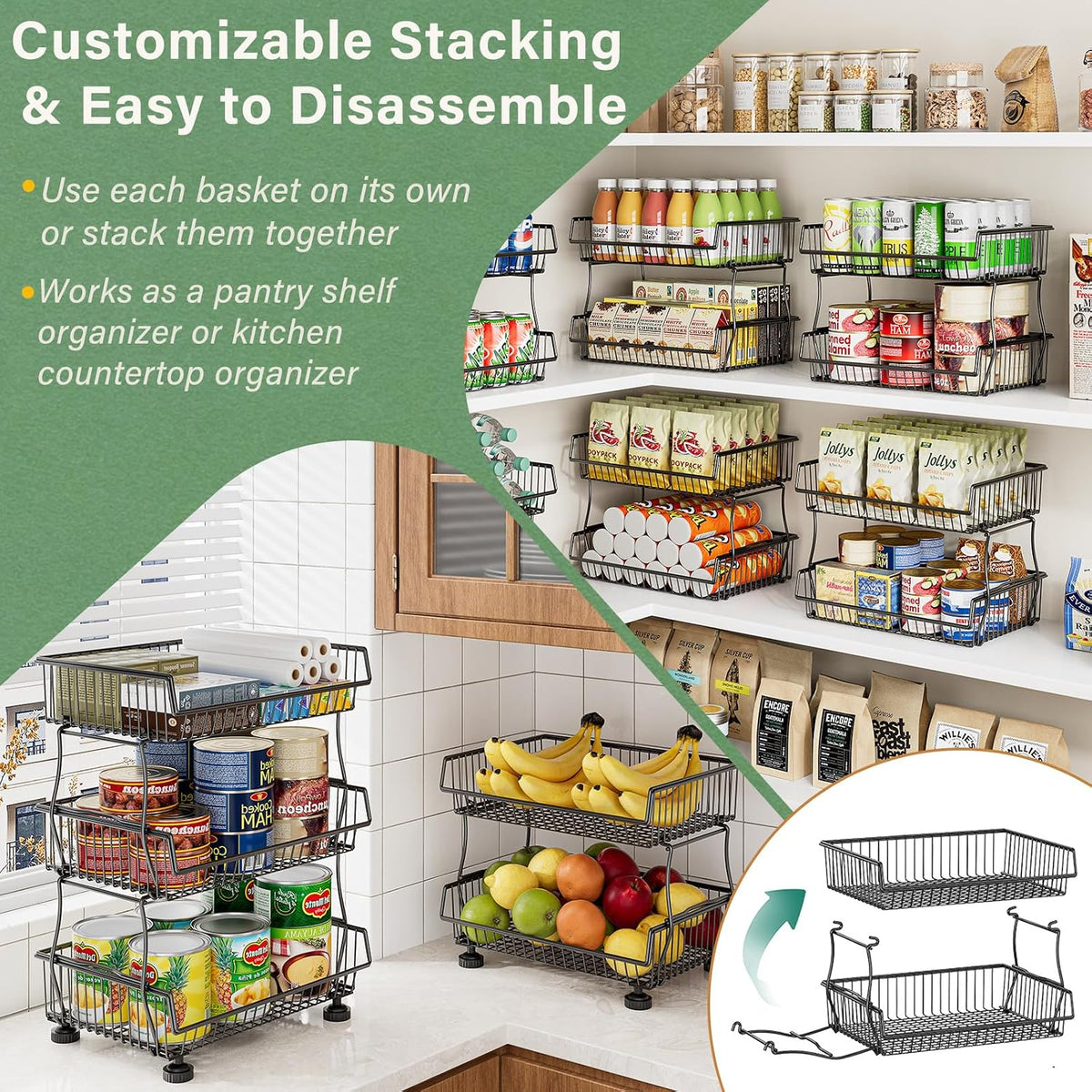 3-Tier Rolling Pantry Floor Organizers and Storage Cart with Wheels