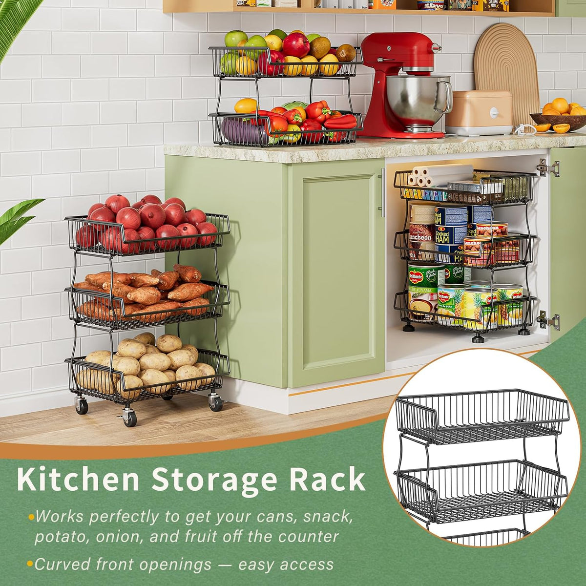 3-Tier Rolling Pantry Floor Organizers and Storage Cart with Wheels