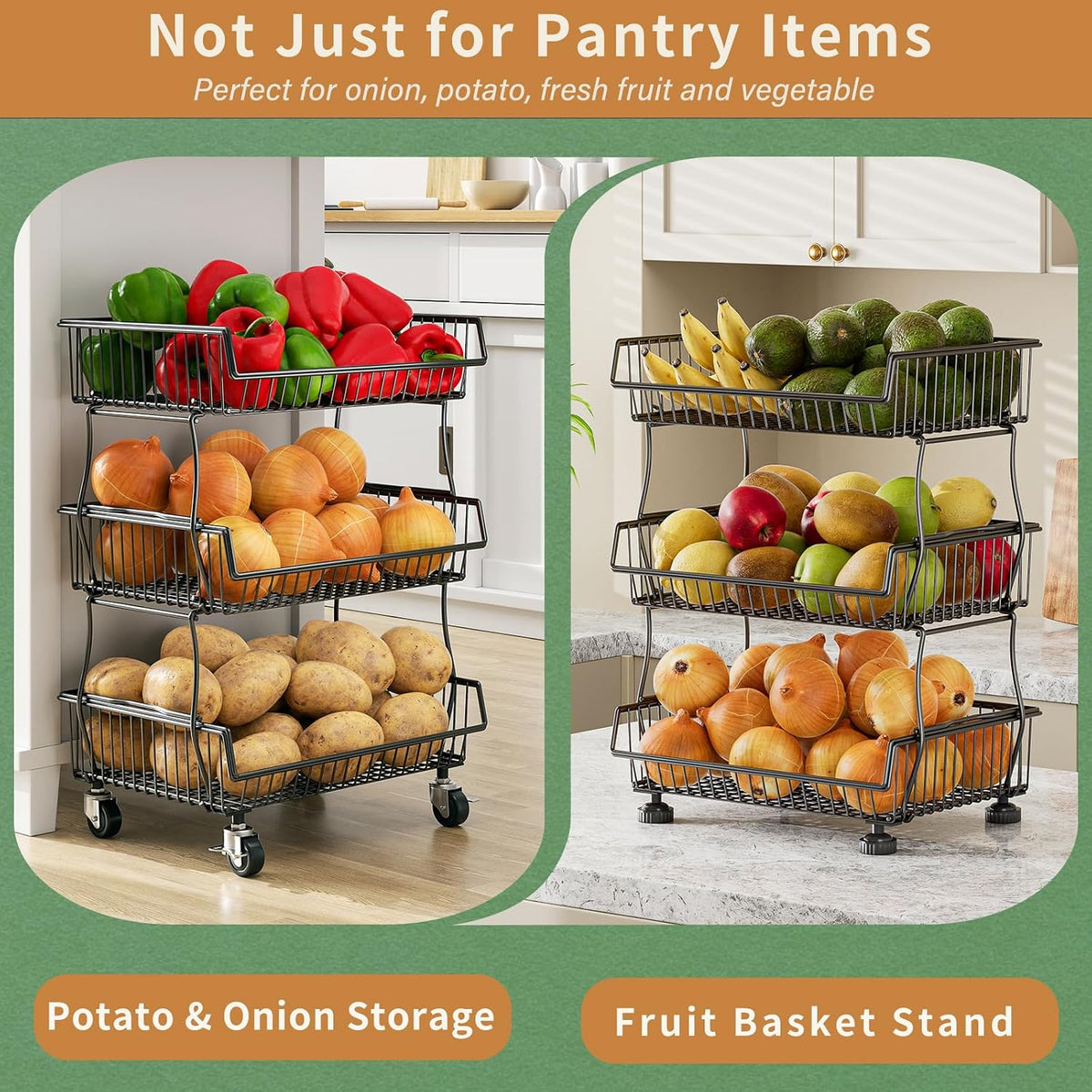 3-Tier Rolling Pantry Floor Organizers and Storage Cart with Wheels