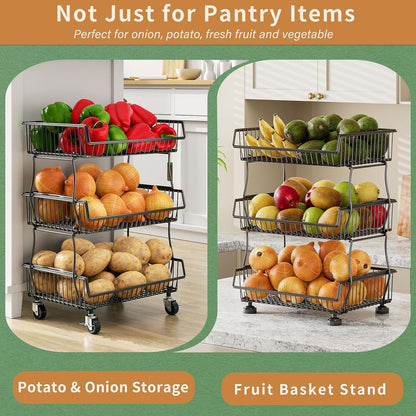 3-Tier Rolling Pantry Floor Organizers and Storage Cart with Wheels