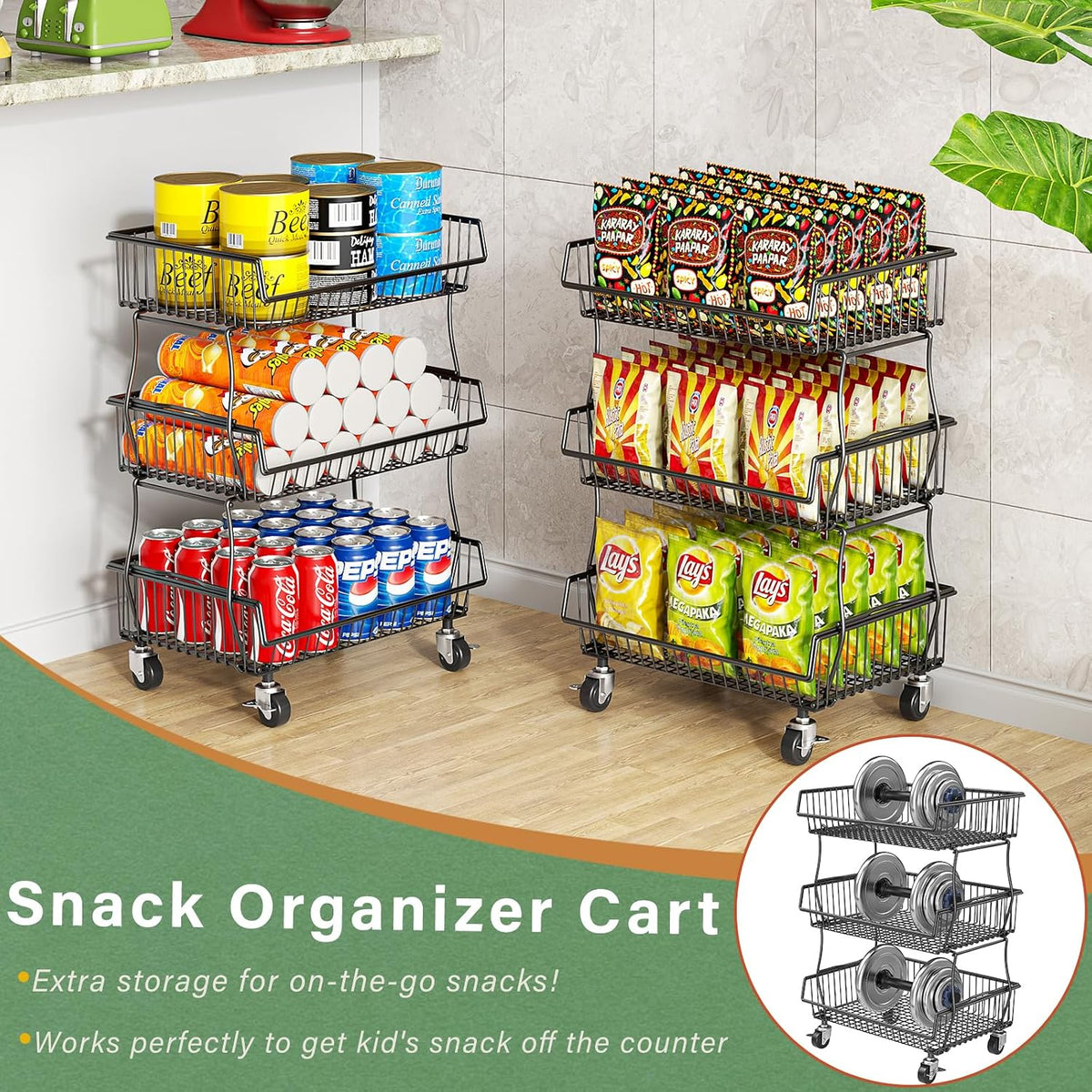 3-Tier Rolling Pantry Floor Organizers and Storage Cart with Wheels