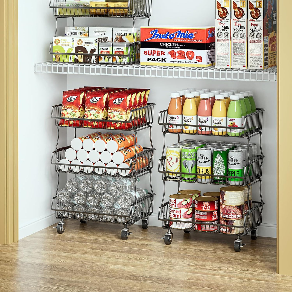 3-Tier Rolling Pantry Floor Organizers and Storage Cart with Wheels