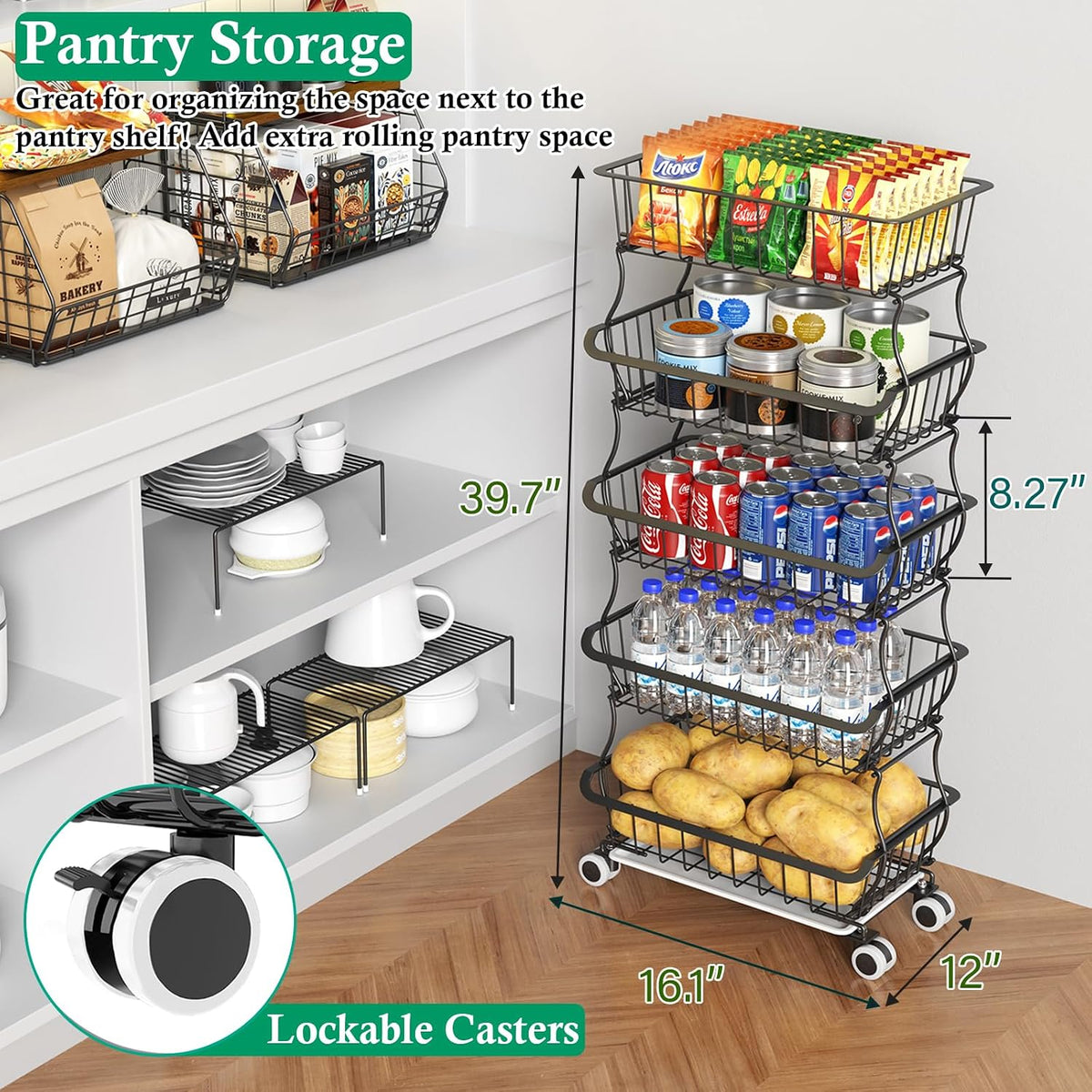 3-Tier Rolling Pantry Floor Organizers and Storage Cart with Wheels