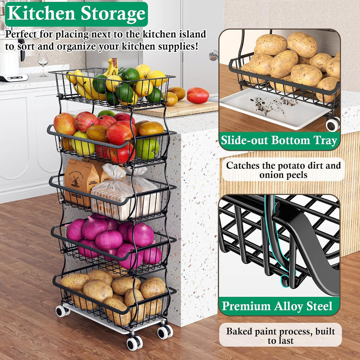 3-Tier Rolling Pantry Floor Organizers and Storage Cart with Wheels