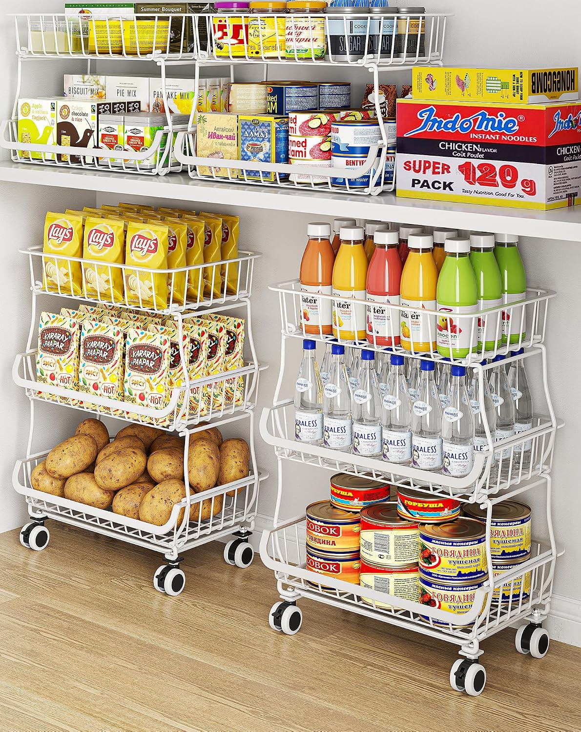 3-Tier Rolling Pantry Floor Organizers and Storage Cart with Wheels