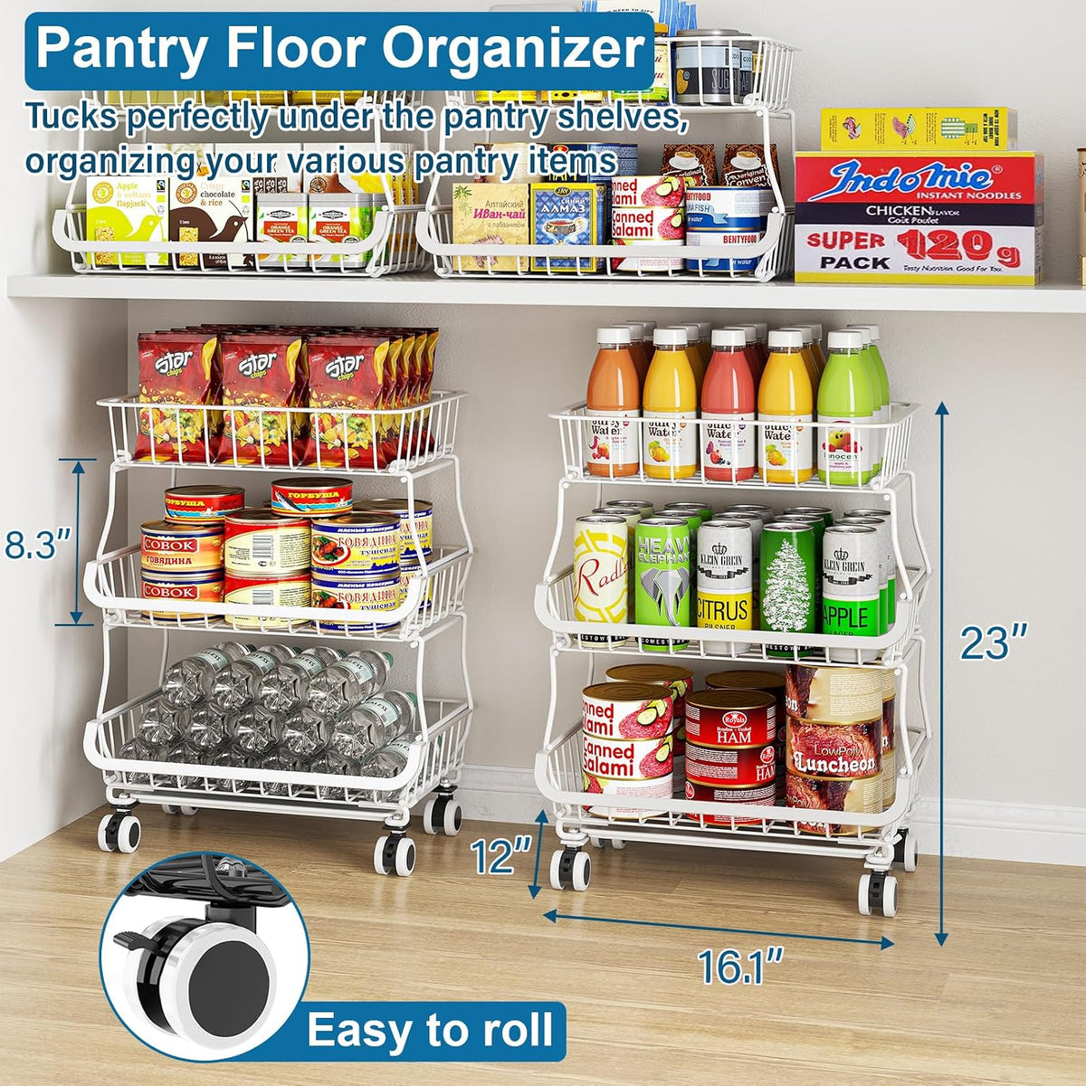 3-Tier Rolling Pantry Floor Organizers and Storage Cart with Wheels