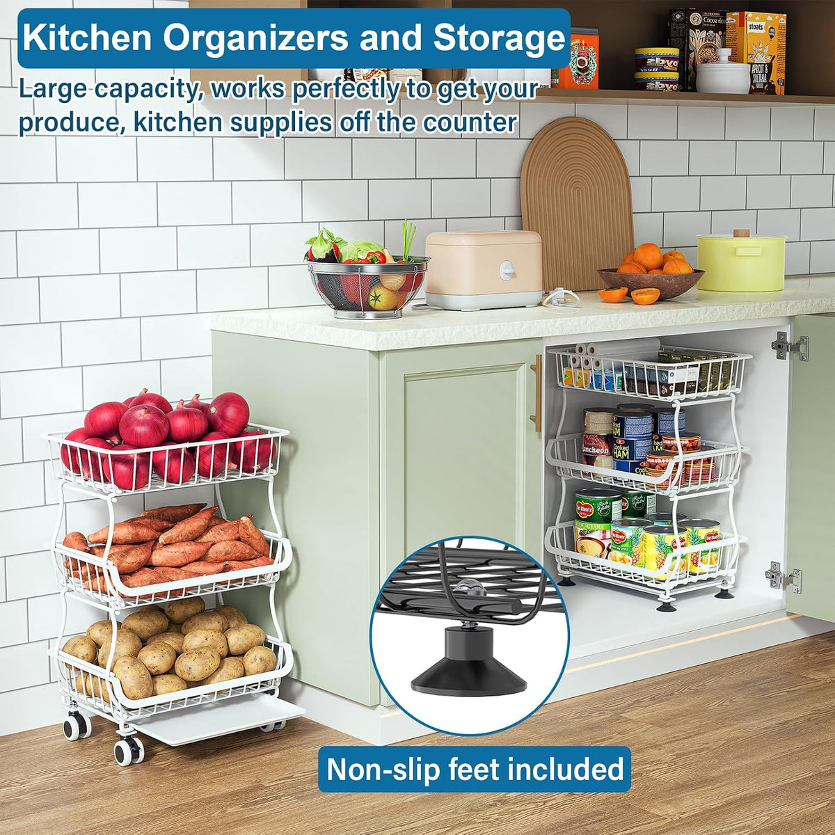 3-Tier Rolling Pantry Floor Organizers and Storage Cart with Wheels